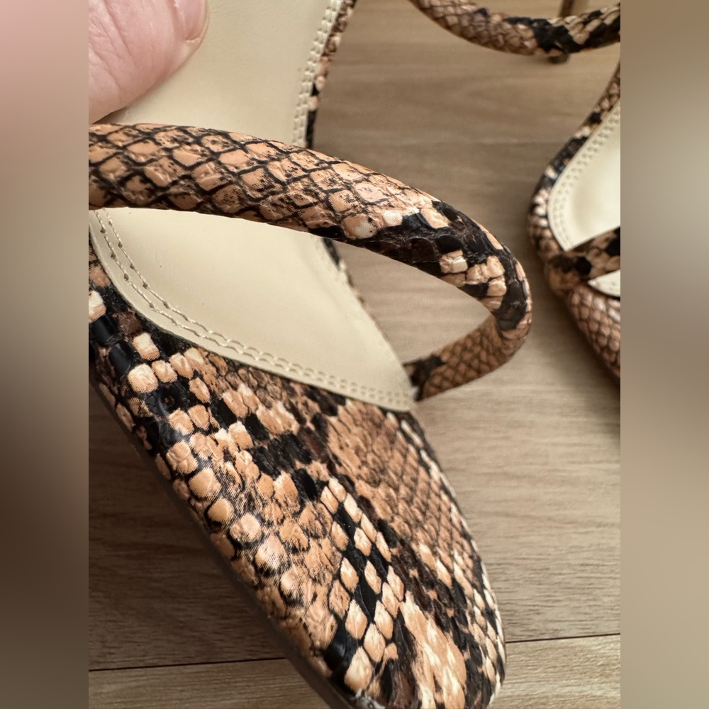 NWB! Lulu's Theyaa Tan Snake-Embossed Square-Toe High Heel Sandals - Picture 11 of 11